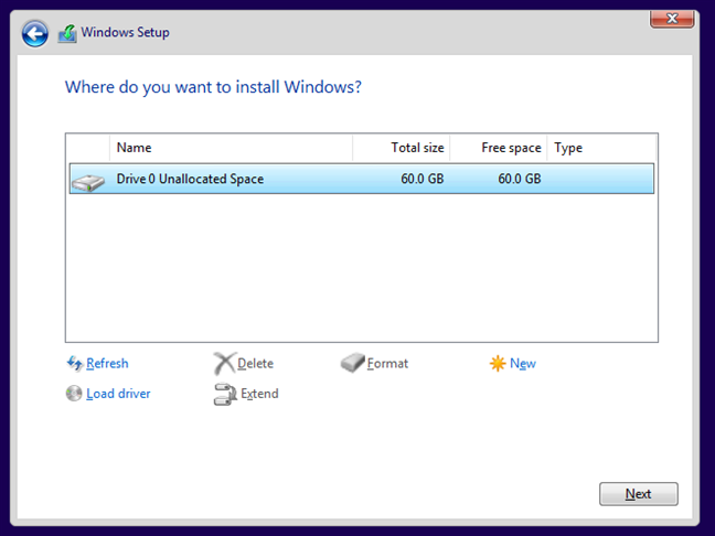 Disk partition screen